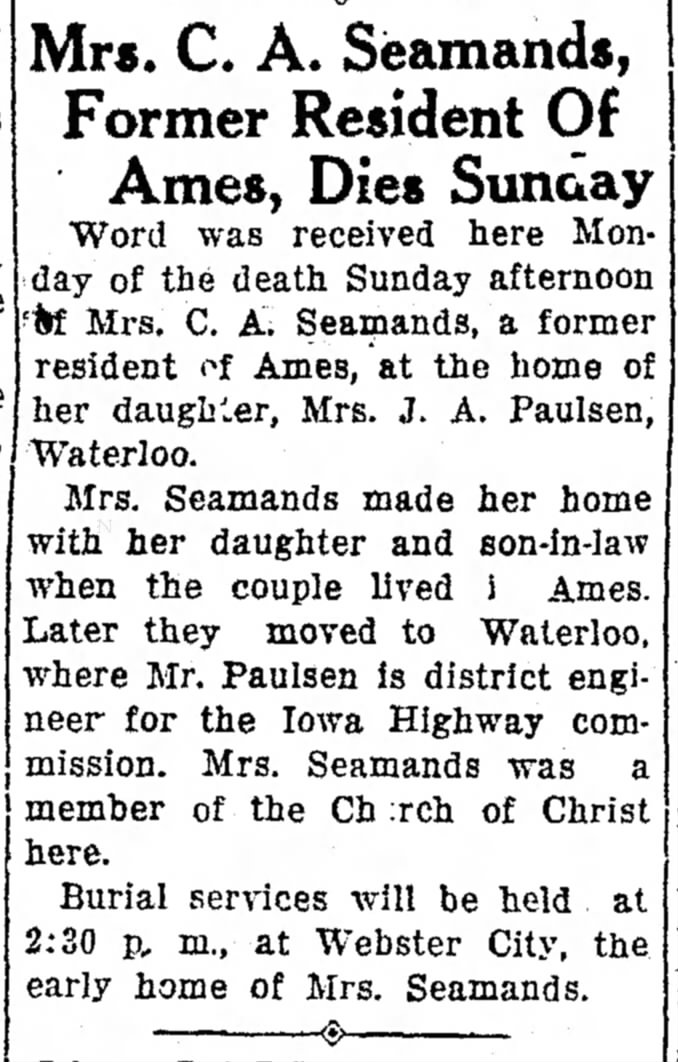 Sarah rose Wheeler mrs seamands died Ames Daily Tribune Ames iowa 9 march 1936 monday