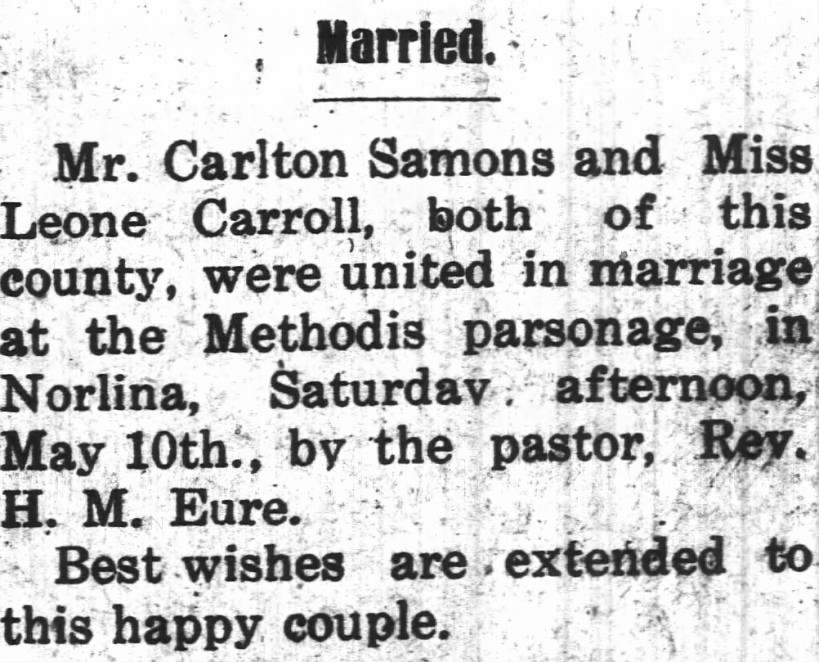 Leone Carroll Sammons marriage announcement, 16 May, 1924