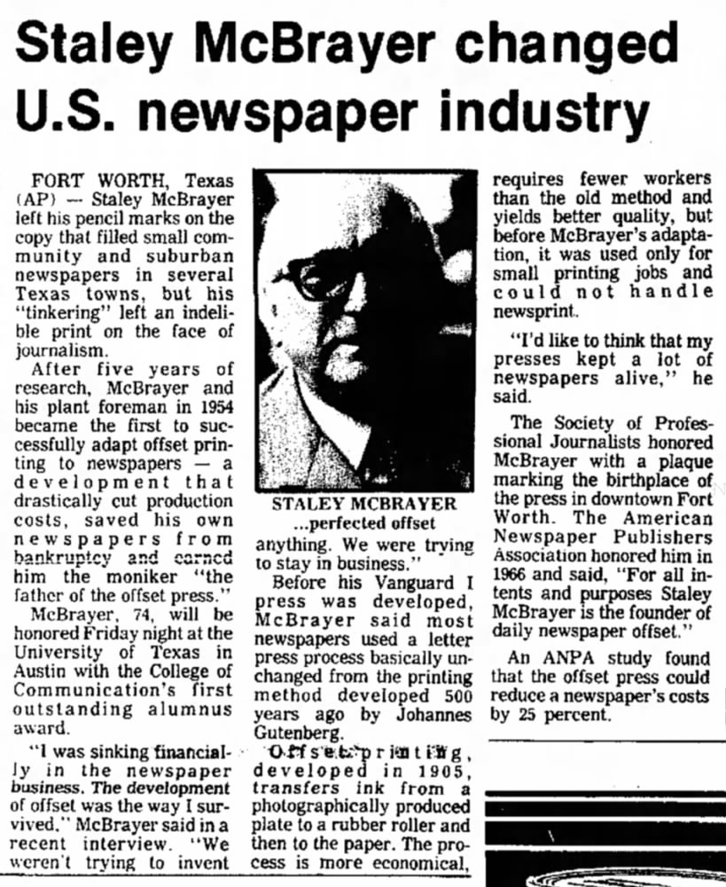 "Staley McBrayer changed U.S. newspaper industry"