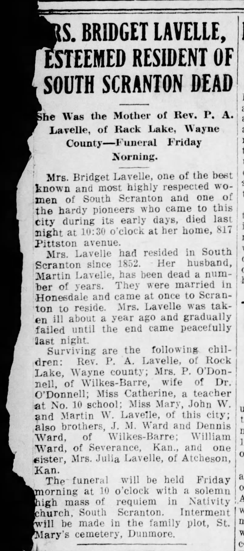 Other Bridget Lavelle obit 1911 names children