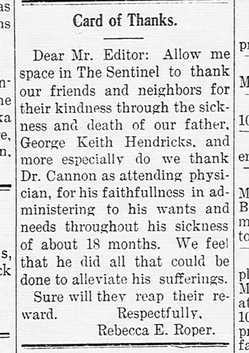 Rebecca Roper daugher of george keith hendricks card of thanks april 10 1913 Pickens Sentinel
