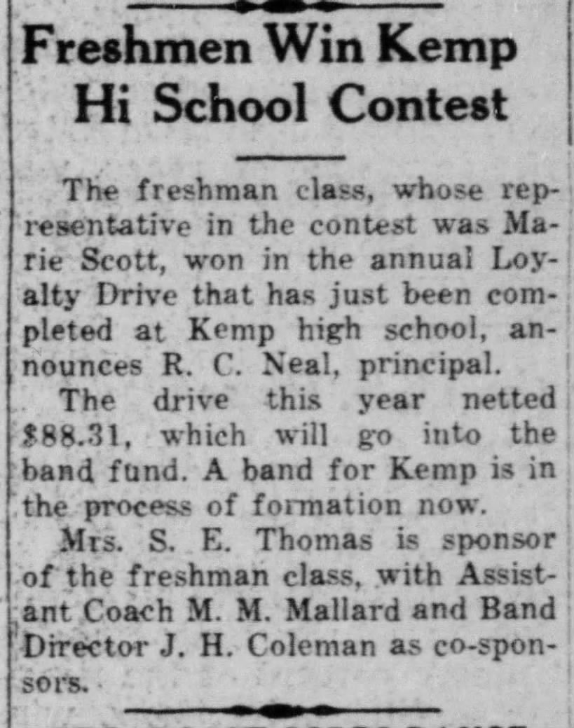 Freshmen Win Kemp High Contest, Sadie Thomas-Bryan Daily Eagle, 19 Oct 1940, p. 3
