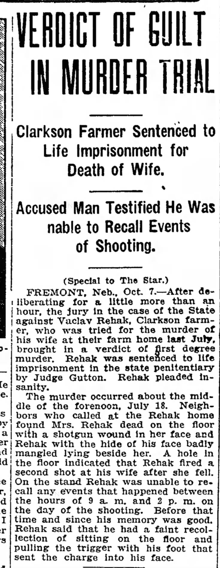 Lincoln Star 7 October 1917
Rehak kills wife