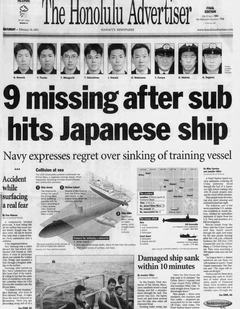 Feb. 9, 2001: Navy sub USS Greeneville crashes into Japanese training ship off Oahu, killing 9