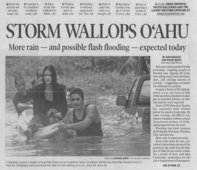 December 2008: Kona low dumps torrential rain over Kauai, Oahu for several days