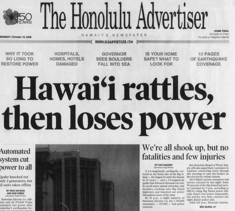October 2006: Magnitude 6.7 earthquake rattles Hawaii
