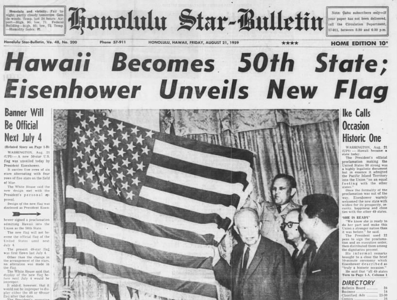 Aug. 21, 1959: Hawaii becomes 50th state