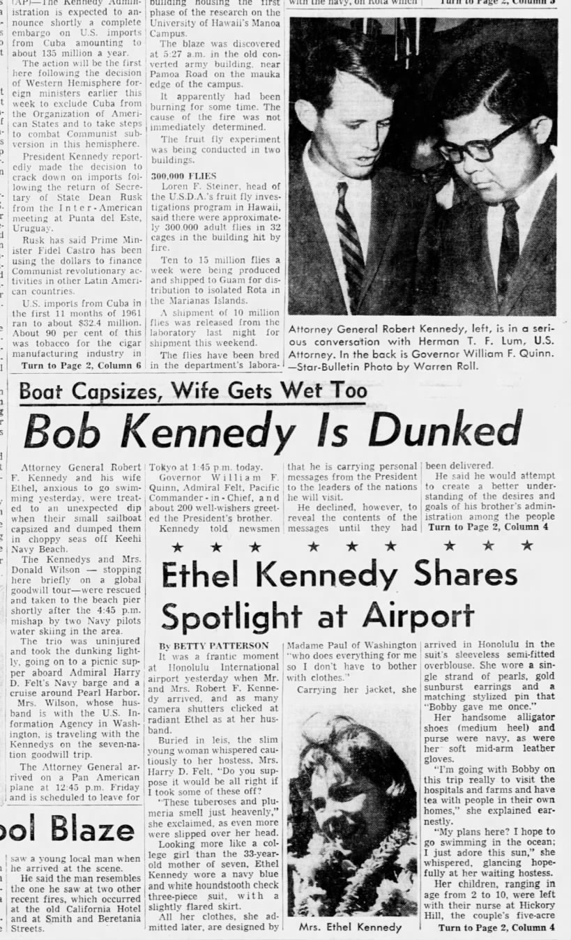 Feb. 2, 1962: Attorney General Robert kennedy and wife, Ethel, visit Hawaii