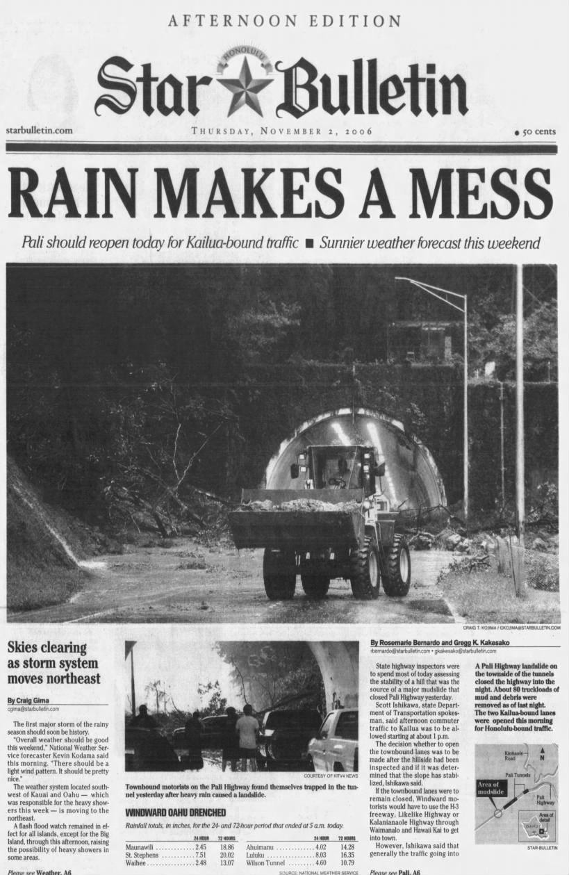 Oct. 31, 2006: Torrential rain causes mudslides, closes Pali Highway