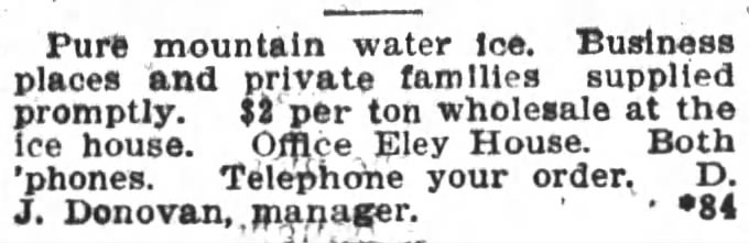 1905 DJ Donovan selling Ice as manager of Eley House