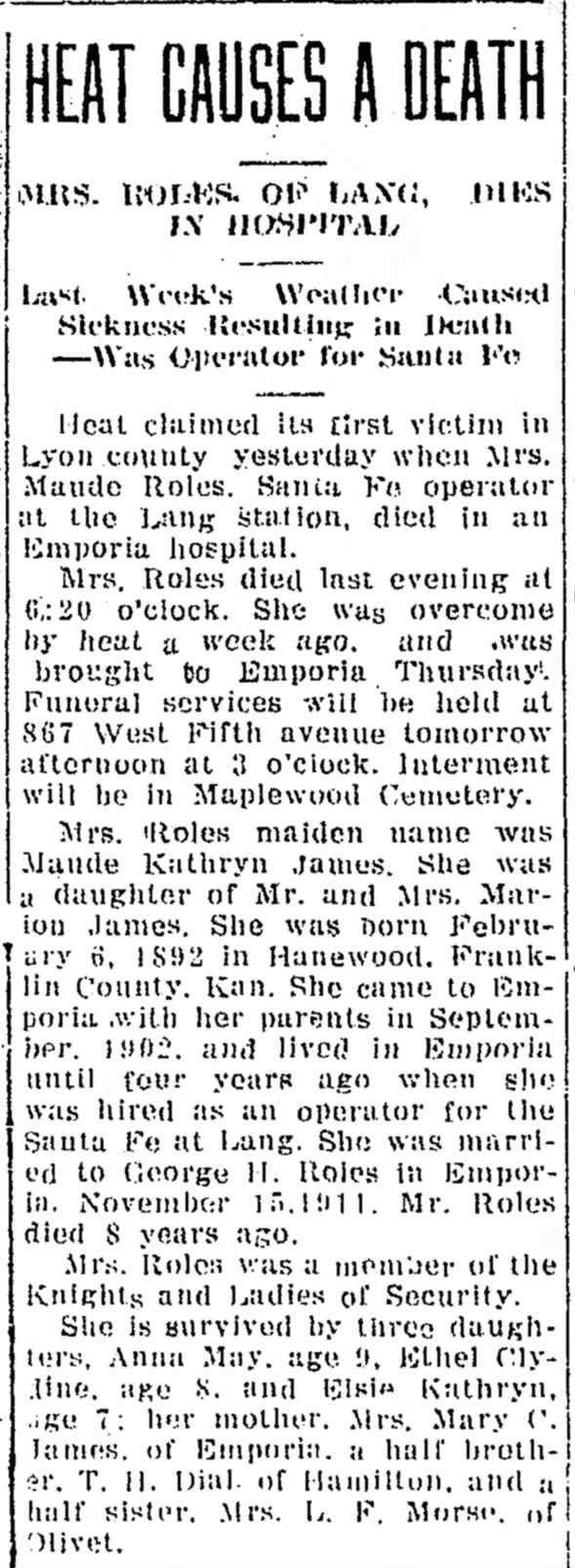 Mrs. Maude Roles Emporia Gazette 26 Aug 1922