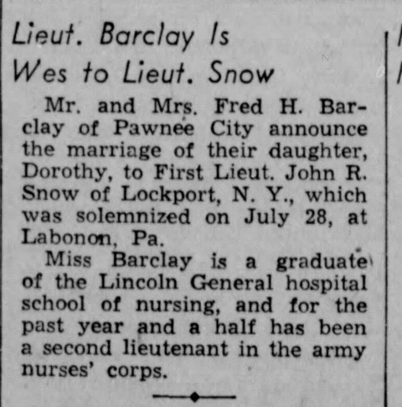 Barclay, Dode & John Snows marriage announcement The Lincoln Star 08 Aug 1942 Sat pg 2