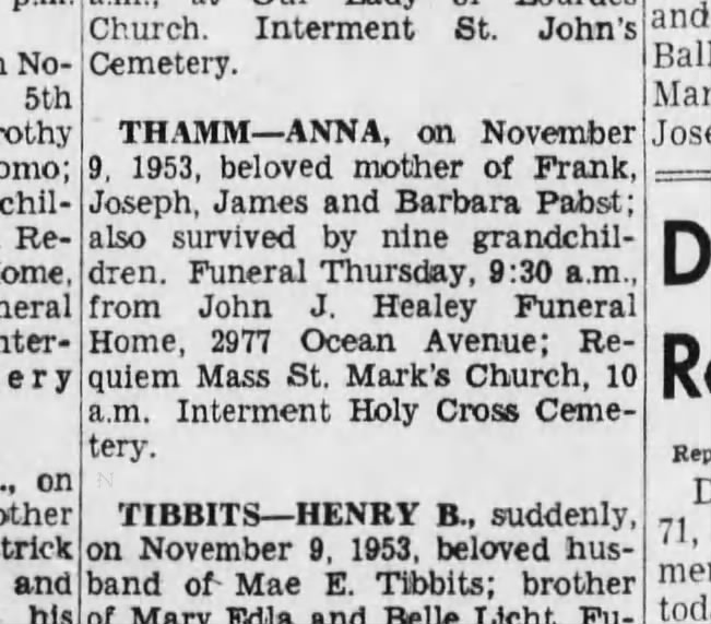 Barbara A. Thamm (Lynch) Obituary (10 November 1953)