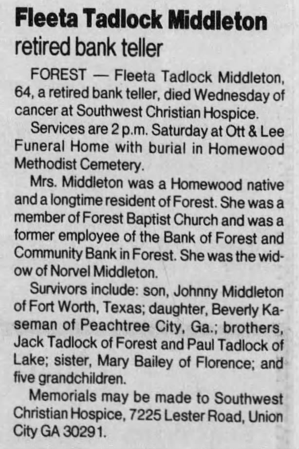 Obituary - Fleeta Tadlock Middleton (hsbnd Norvel Middleton) 2-7-1997
