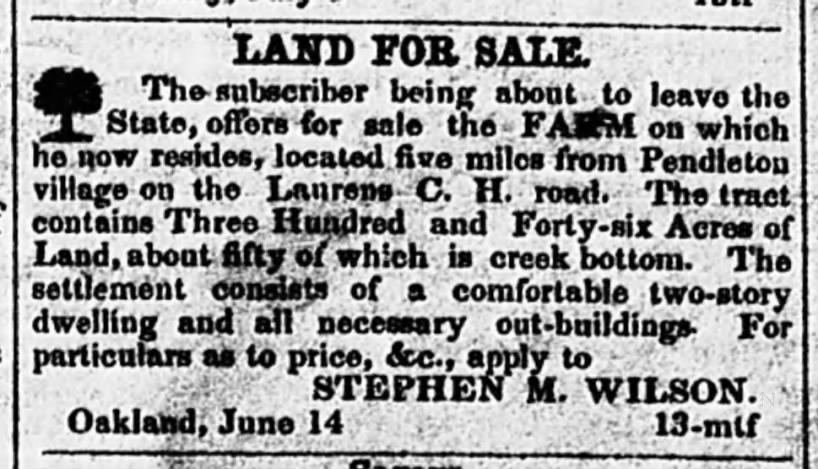 Stephen M. Wilson farm for sale 1851