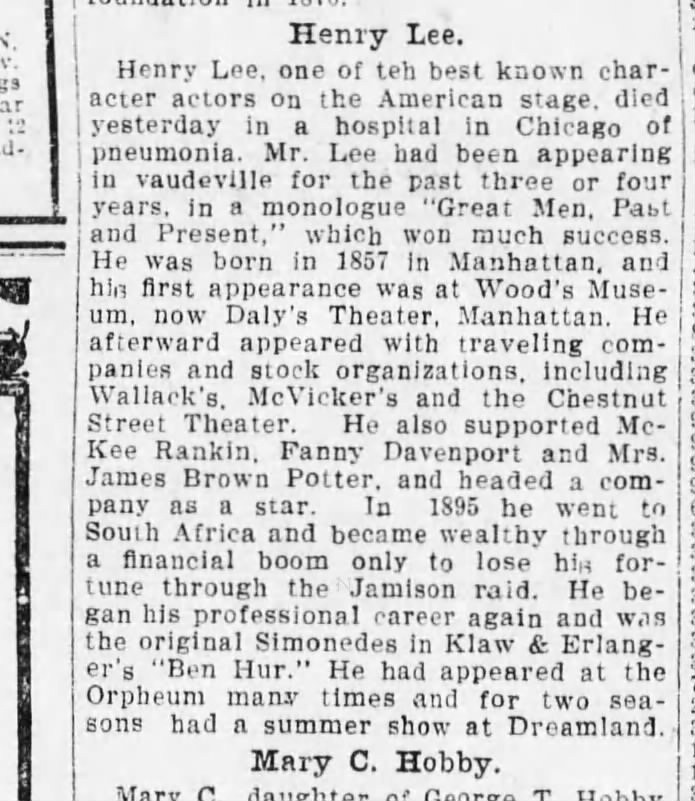 Obit in The Brooklyn Daily Eagle (Nov 10, 1910)