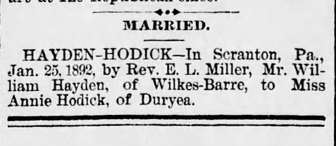 Hayden Hodick Married Scranton Republican 27 Jan 1892