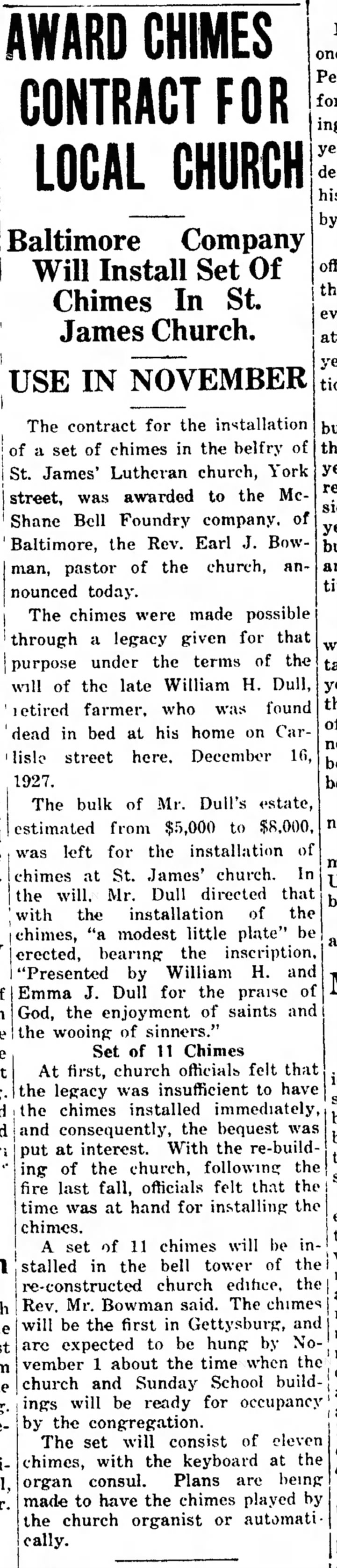 Chime contract for St.James' Lutheran church, York street