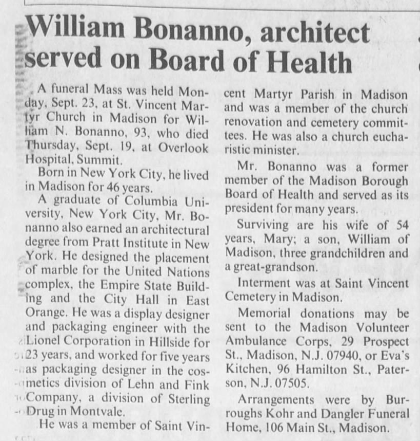 Obit of William Bonanno, former Lionel employee.