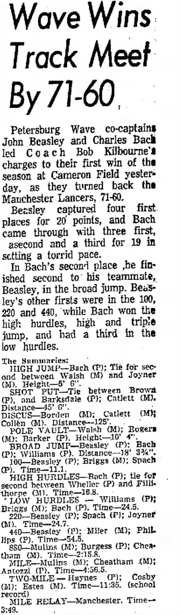 John Beasley Track Star in Progress Index April 15, 1966
