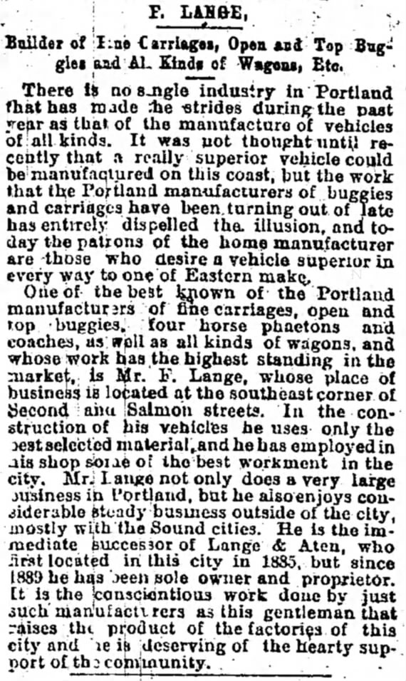 F. Lange in Portland in 1889?