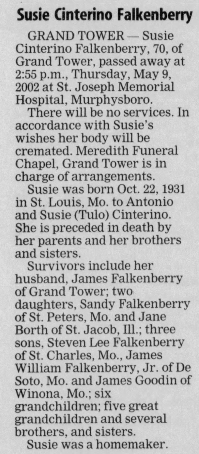 Obituary for Susie Cinterino Falkenberry, 1931-2002 (Aged 70)