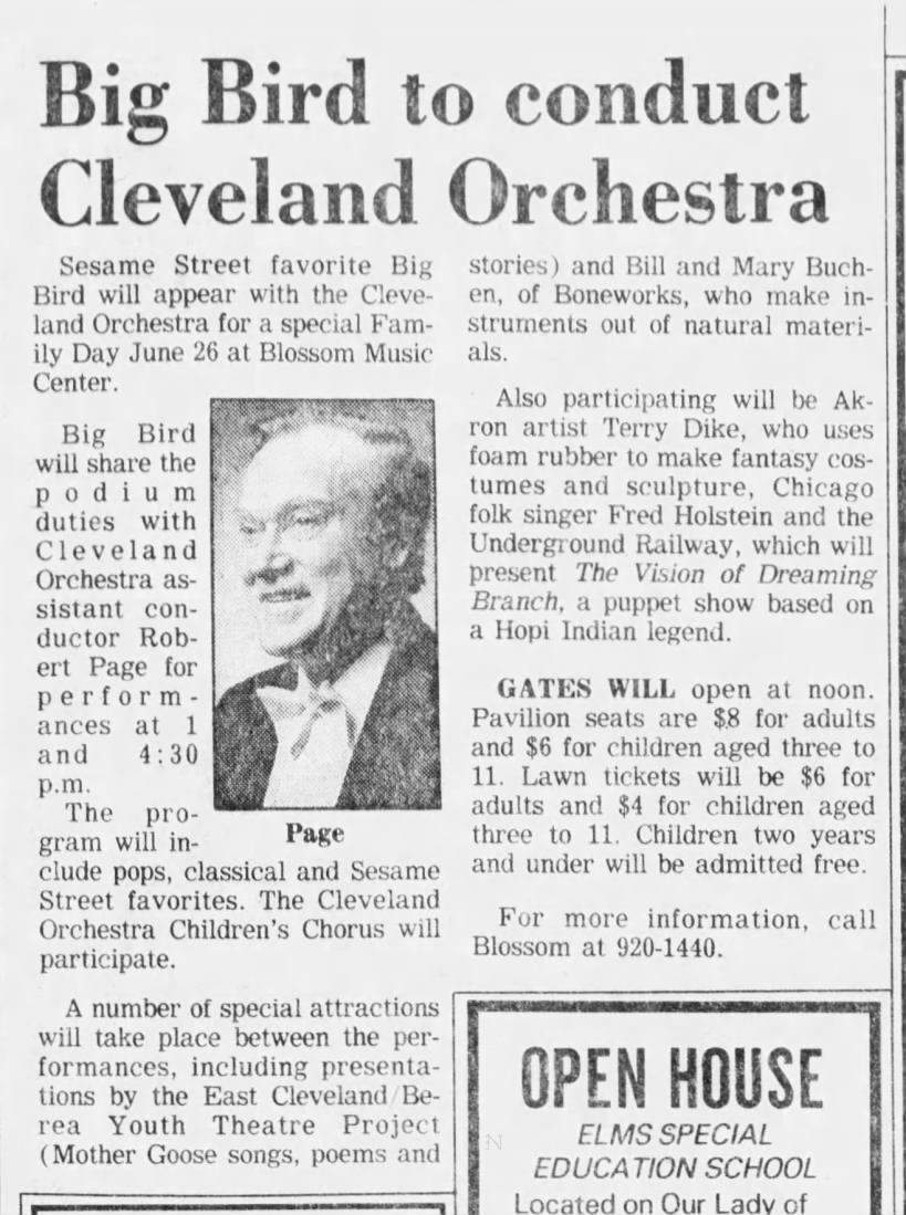 "Big Bird to conduct Cleveland Orchestra", The Akron Beacon Journal, 21 May 1983, pg 7.