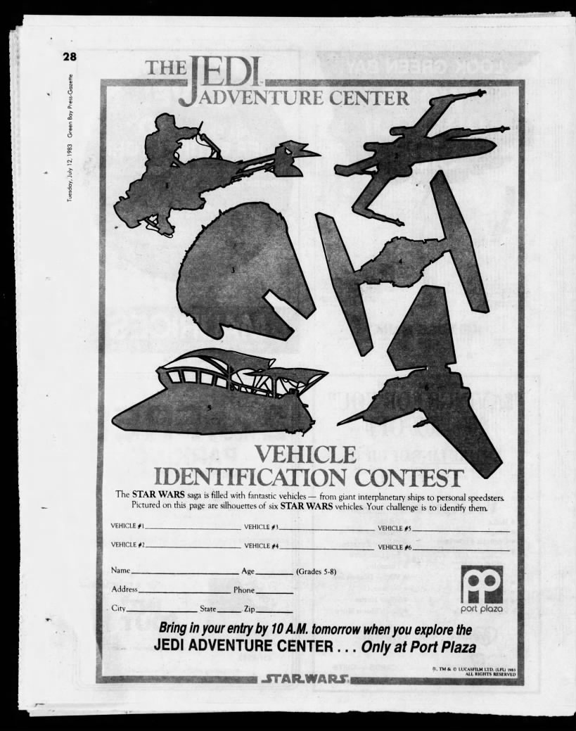The Jedi Adventure Center Vehicle Identification Contest ad, for Port Plaza mall.