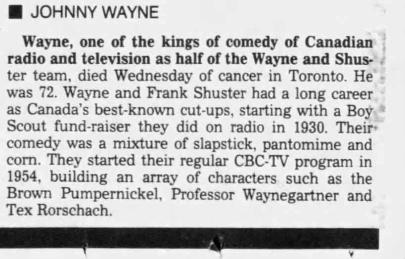 Obituary for JOHNNY WAYNE Wayne (Aged 72)