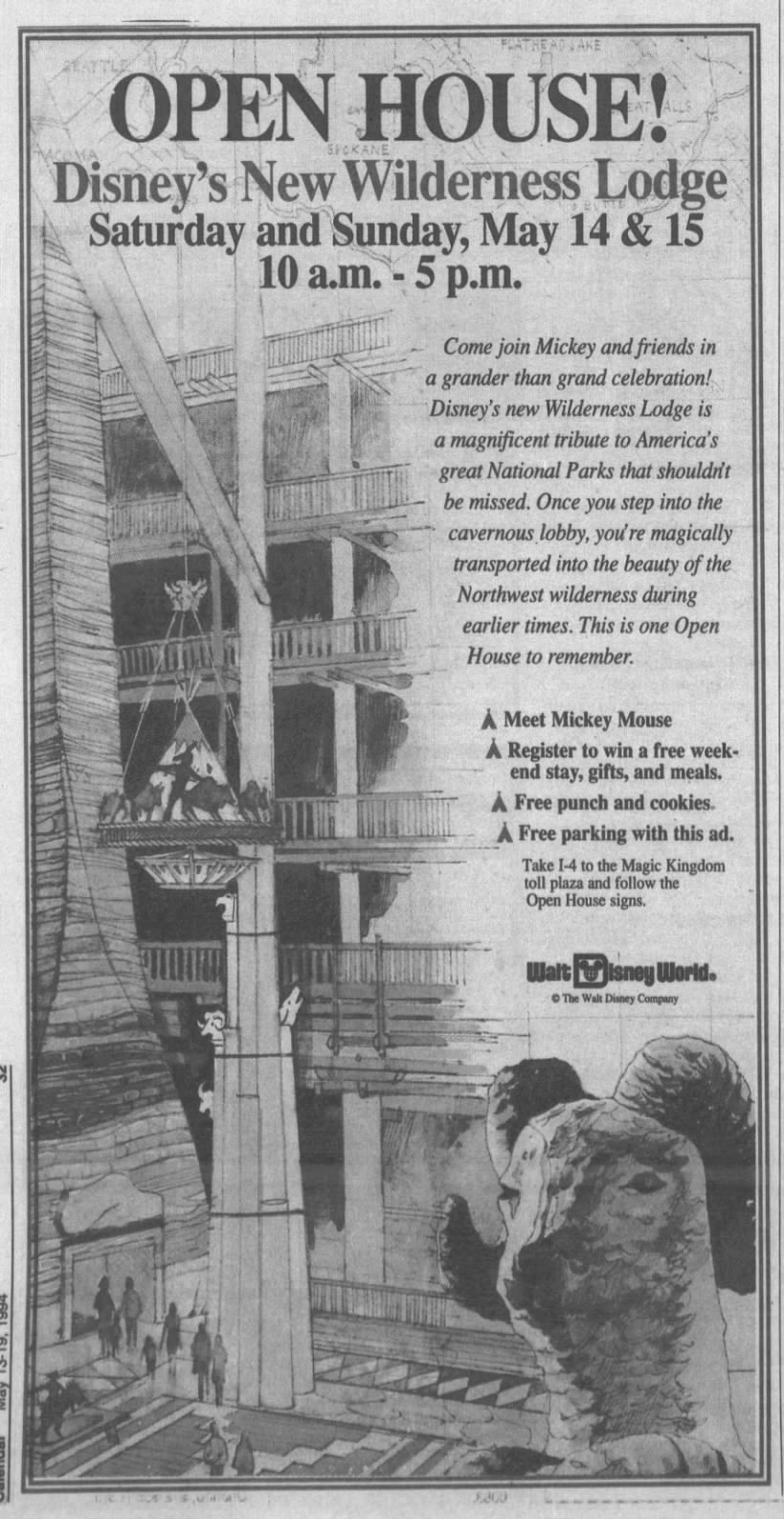 "Open house" ad for Wilderness Lodge, The Orlando Sentinel, 13 May 1994.