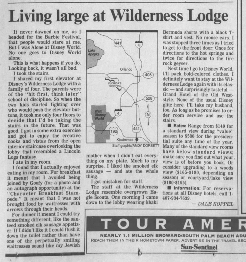 Dale Koppel, "Living large at Wilderness Lodge", South Florida Sun Sentinel, 13 November 1994.