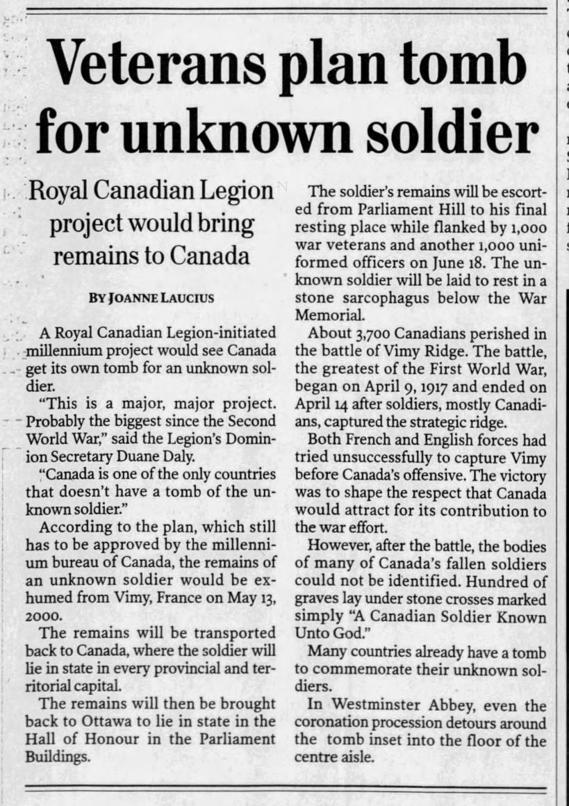 Joanne Laucius, "Veterans plan tomb for unknown soldier."