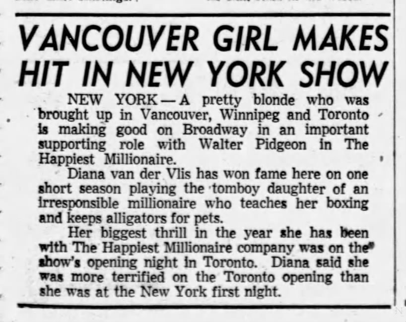 "Vancouver girl makes hit in New York show", The Vancouver Sun, 21 March 1957, pg 57.