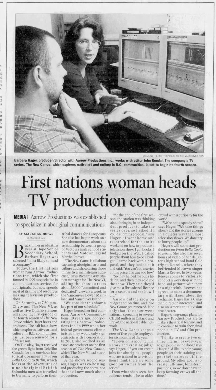 Marke Andrews, "First nations woman heads TV production company." About "The New Canoe."