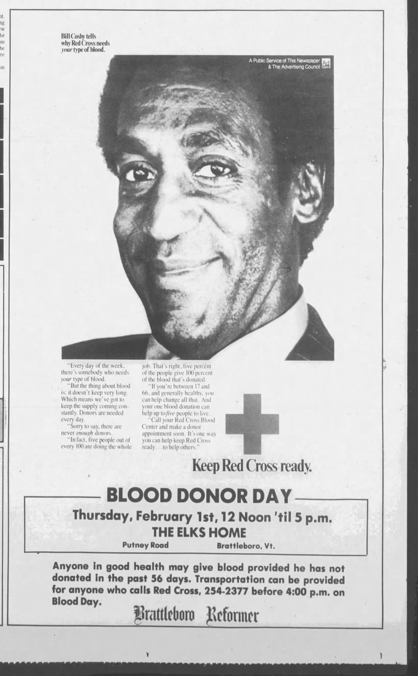 Blood Donor Day ad for the American Red Cross of Brattleboro, Vermont.