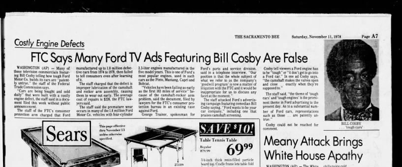 "Costly engine defects: FTC Says Many Ford TV Ads Featuring Bill Cosby Are False."
