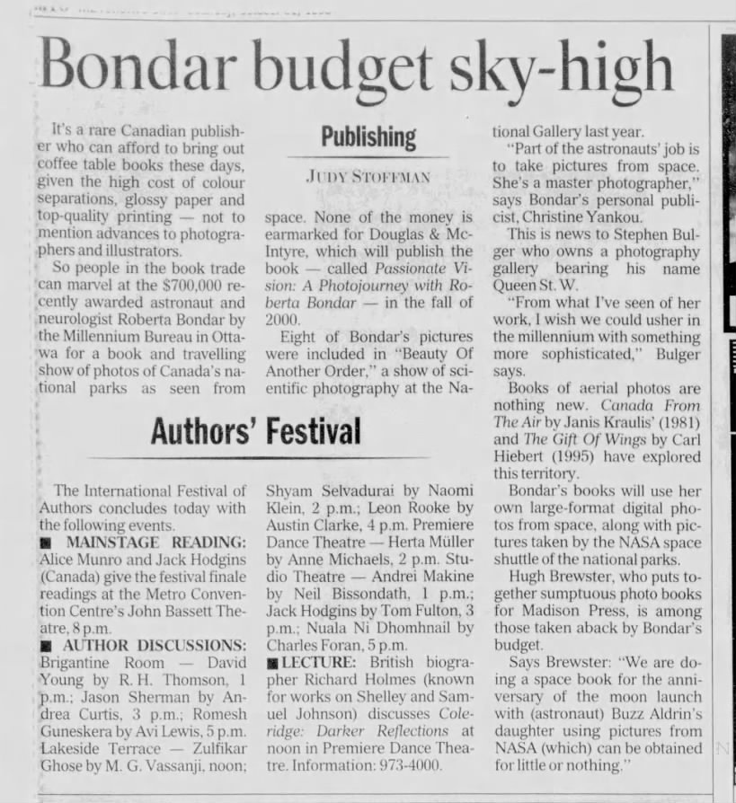 Judy Stoffman, "Bondar budget sky-high."