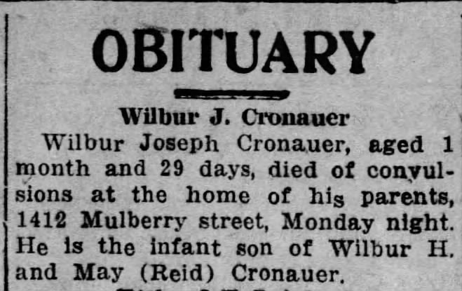 William Joseph Cronauer Obit
16 April 1918
Reading Times