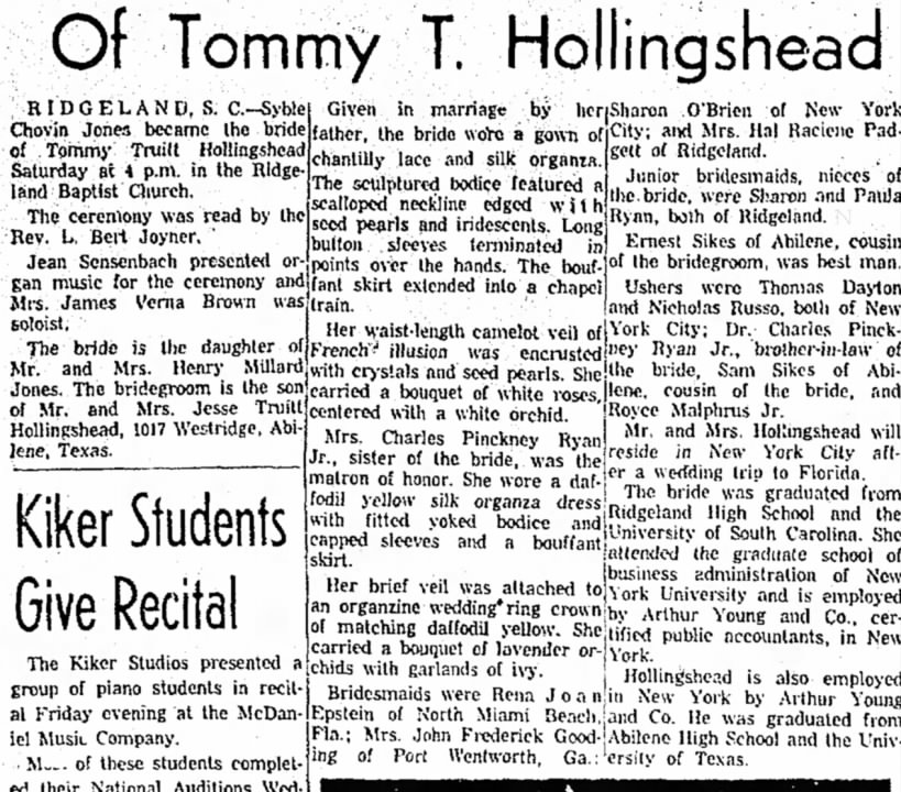 Tom & Sybil Chovin Jones wedding-
Abilene Reporter News June 11, 1961