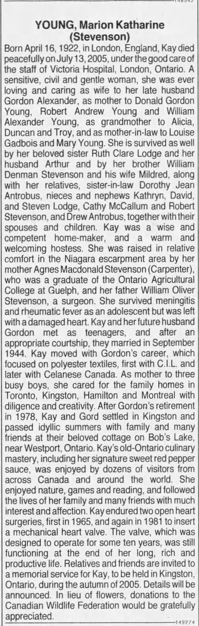 Obituary for Marion Katharine YOUNG, 1922-2005