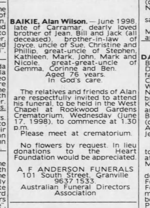 1998 Jun 13 funeral notice Alan Baikie Sydney Morning Herald