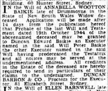 1949 Jan 7 probate Annabella Wootton Baikie Sydney Morning Herald