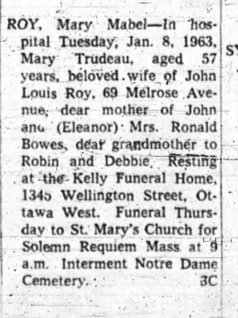 Obit for Robin's grandmother 1963