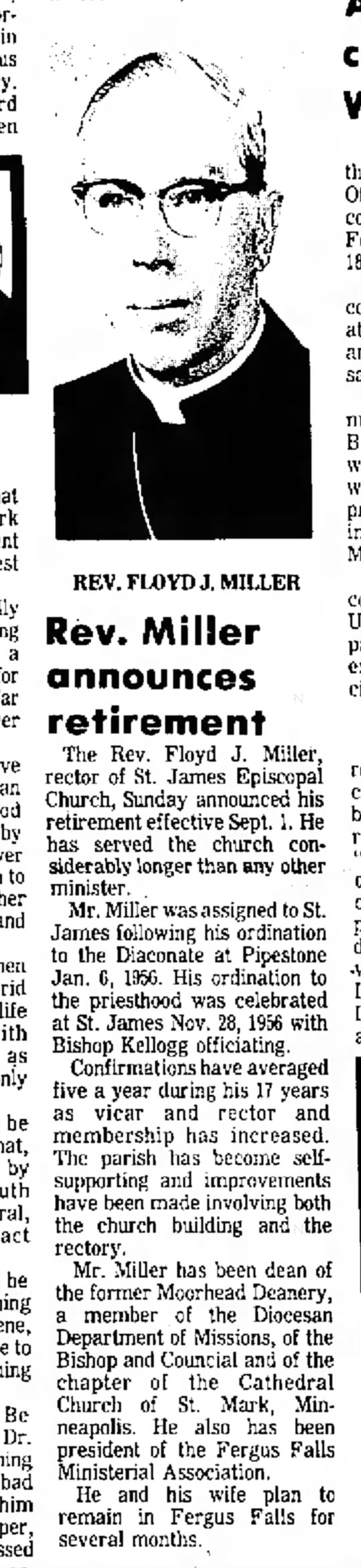 Rev. Floyd J Miller - Retirement