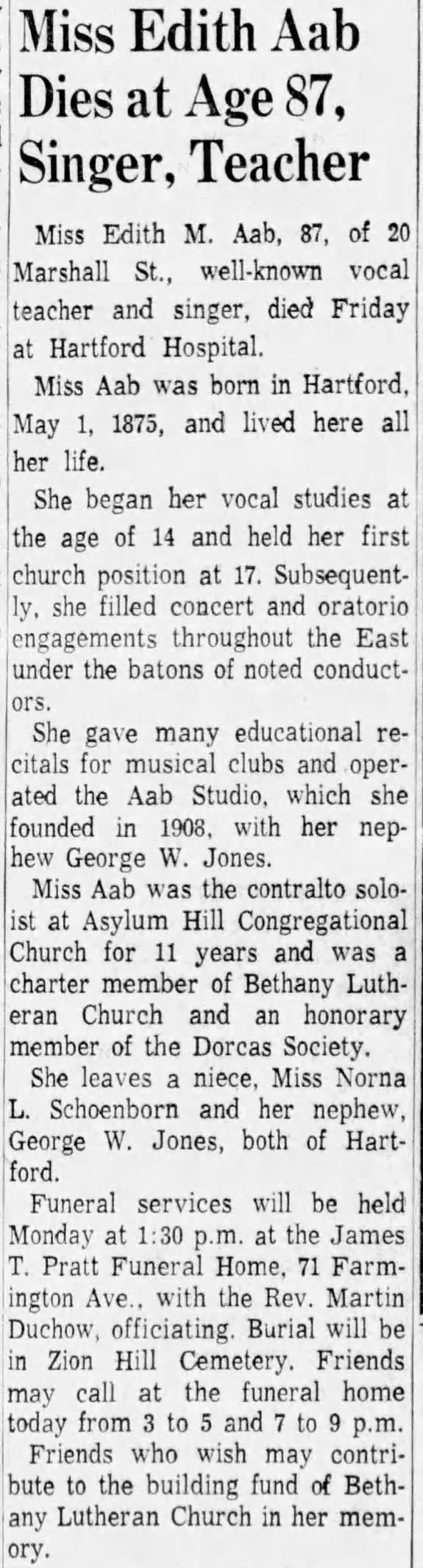 Edith May Aab Obituary 21. April 1963