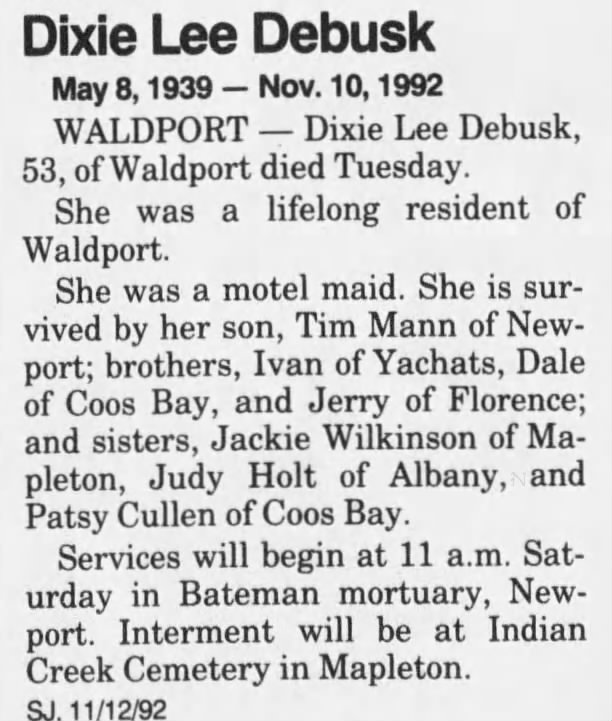 Obituary for Dixie Lee Debusk, 1939-1992 (Aged 53)