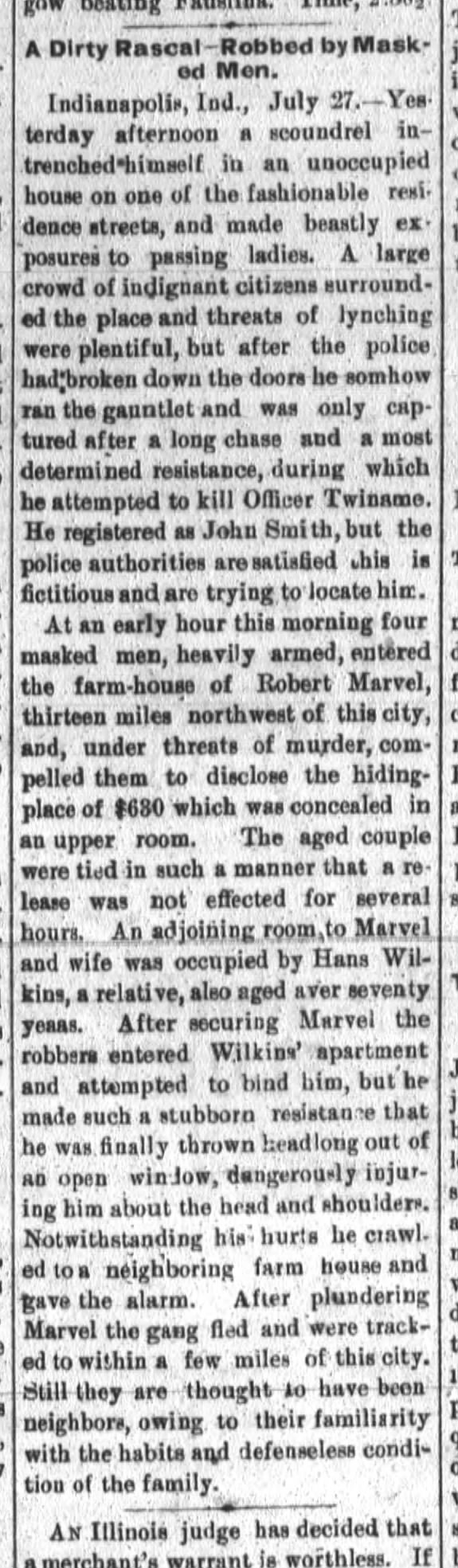 Robert Marvel Robbery - Fort Wayne Sentinel Wednesday July 27, 1881