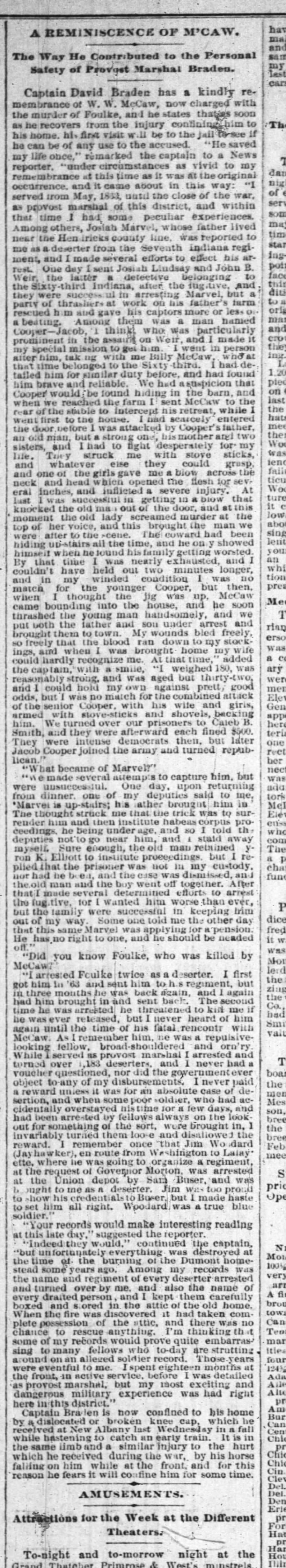Reminiscence of M'Caw - Josiah Marvel & Robert Marvel 
Indianapolish News Dec. 13, 1886