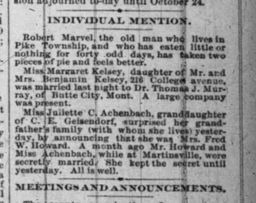 Individual Mention - Robert Marvel - Indianapolis News Thursday July 25, 1889