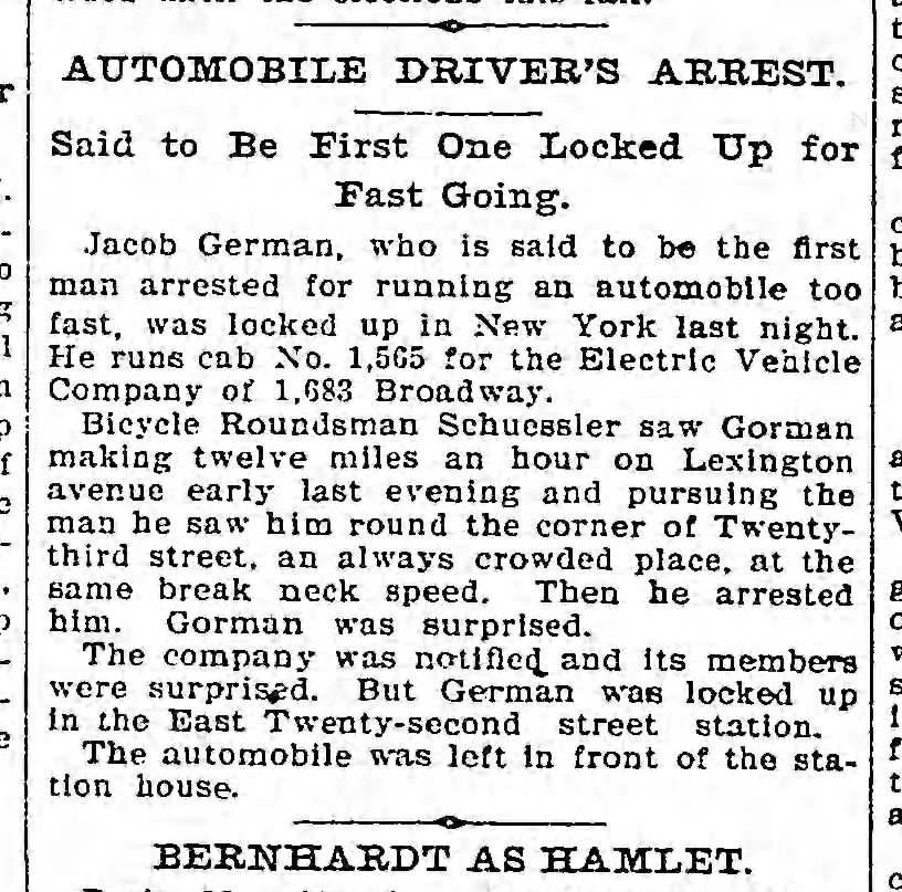 Jacob German, 1st Speeding Ticket 5/21/1899 Clocked at 12 MPH Jailed at East 22nd Street Station